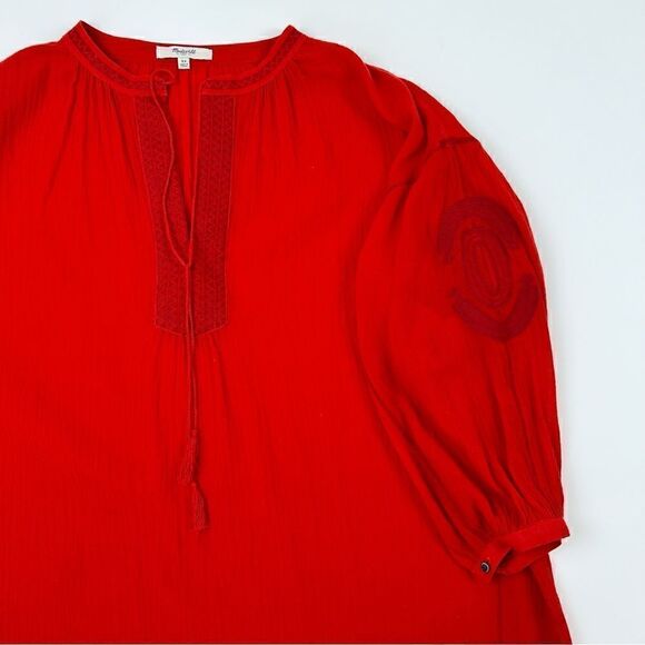 Madewell Openview Embroidered Blouse Tassels Peasant Boho Red Sz XS - Picture 7 of 9